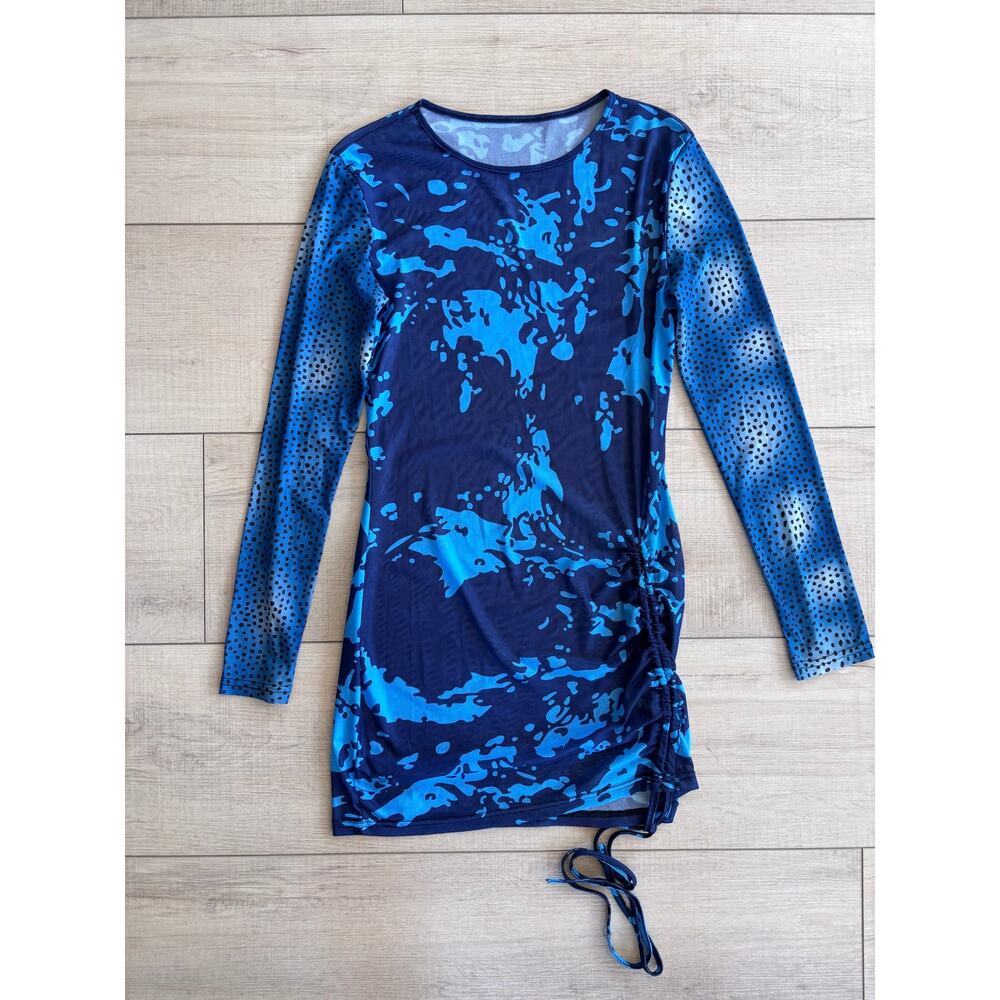 Blue Camo & Cheetah Mesh Tie Dye Ruched Bodycon Mini Dress Y2K Clubwear Size L